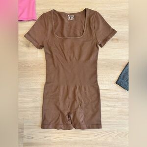 Ribbed Short-Sleeve Brown Romper